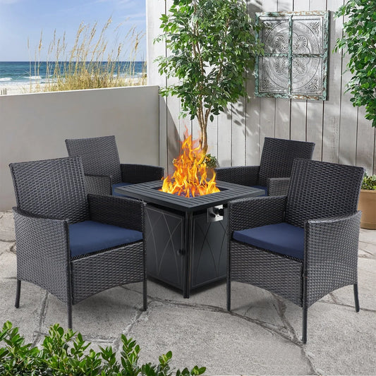 MAISON ARTS 5 PCS Outdoor Patio Furniture Set with 28-inch 50,000 BTU Fire Pit Table Patio Conversation Set with Navy Blue Cushions