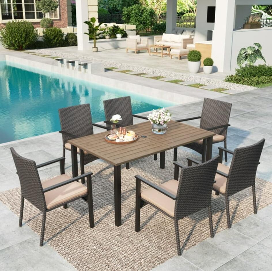 MAISON ARTS 7-Piece Metal Outdoor Patio Dining Set with Cushioned Chairs and Teak Wood Table Furniture Set