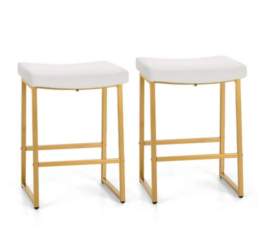 MAISON ARTS 2 Pieces 24 inch Counter Stools, Saddle Backless Faux Leather Bar Stools for Kitchen, White & Gold