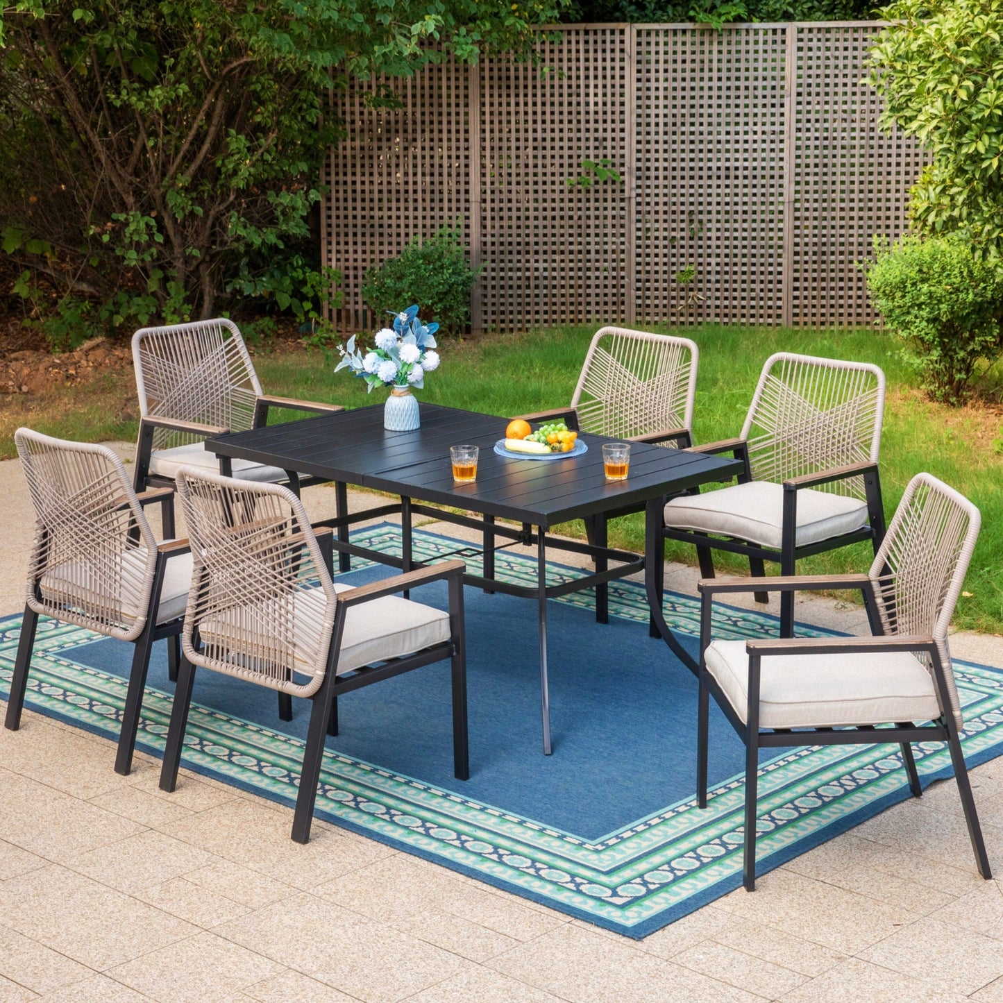 MAISON ARTS 7-Piece Patio Dining Set with Cushioned Rattan Chairs and Rectangular Table for 6-Person, Black and Beige