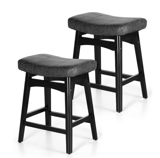 MAISON ARTS 24 inch Wooden Saddle Counter Stool 2 Pieces for Kitchen, Faux Leather Backless Bar Stool, Black