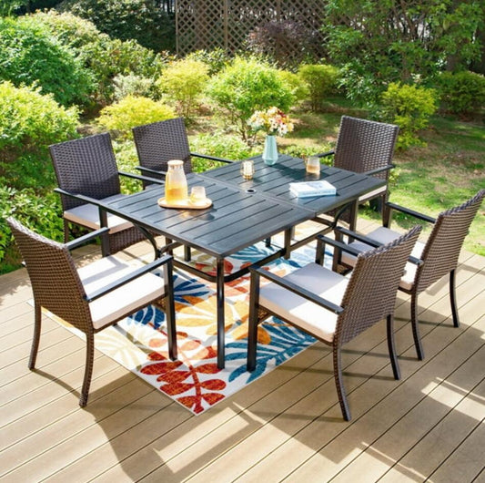 MAISON ARTS 7-Piece Patio Dining Set with 6 Wicker Cushioned Chairs & Rectangular Table, Black & Dark Brown