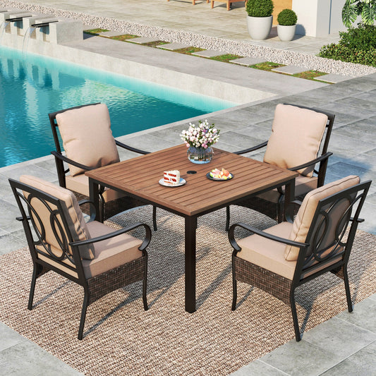 MAISON ARTS 4-Seat Outdoor Dining Set with Wicker Cushioned Chairs & Wood Grain Table, 1.9" Umbrella Hole, Black & Beige