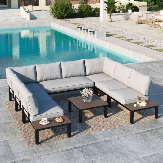 MAISON ARTS 8-Seat Outdoor Patio Conversation Set, Outdoor Sectional Sofa with Full Set Cushions & Wood-Grain Coffee Table, Black & Gray