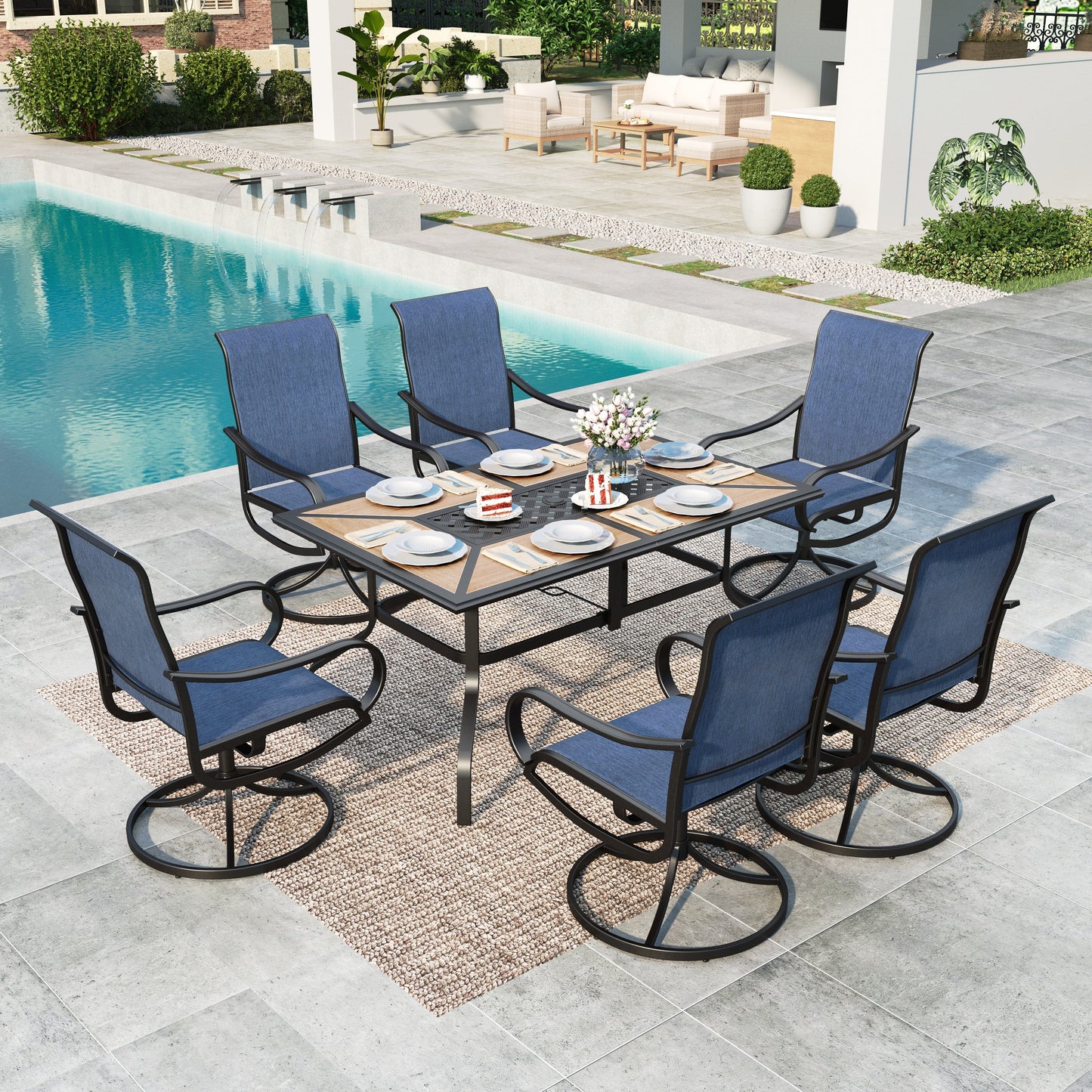 MAISON ARTS 7-Piece Outdoor Patio Dining Set, Swivel Textilene Chair & Wood-look Top Table with Umbrella Hole, Black & Blue