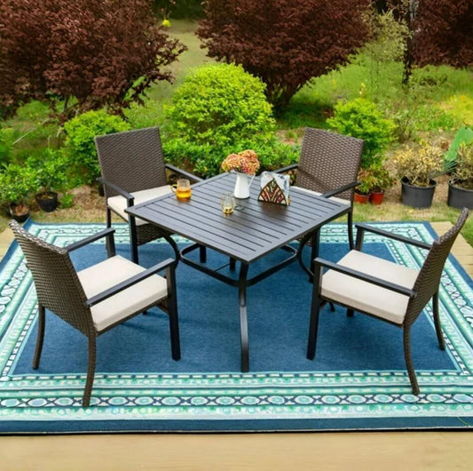 MAISON ARTS 5-Piece Outdoor Patio Dining Set with 4 Wicker Cushioned Chairs & 1 Square Table, Umbrella Support, Black & Dark Brown