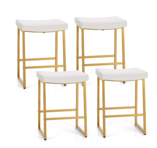 MAISON ARTS 4 Pieces 24 inch Counter Stools, Saddle Backless Faux Leather Bar Stools for Kitchen, White & Gold