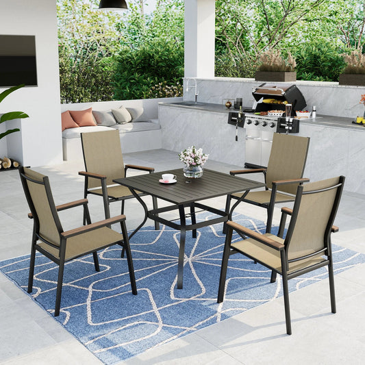 MAISON ARTS 4 Person Outdoor Patio Dining Set with 4 Stackable Beige Aluminum Armchairs & 1 Black Metal Steel Table with Umbrella Hole