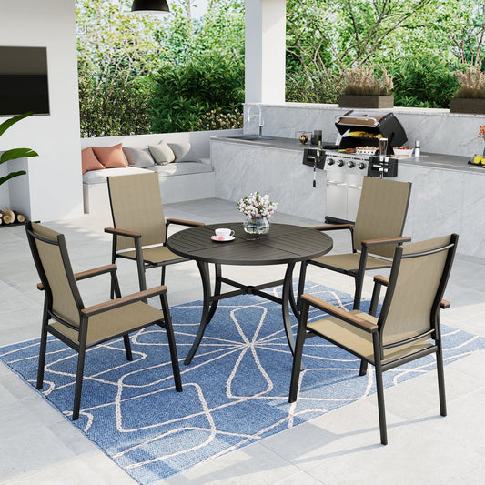 MAISON ARTS 5-person Outdoor Patio Dining Set with 4 Pieces Blue Aluminum Armchairs & 1 Piece Metal Steel Round Table, Black & Beige