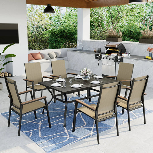 MAISON ARTS 6-person Outdoor Patio Dining Set with 6 Stackable Beige Aluminum Armchairs & 1 Black Metal Steel Rectangular Table with Umbrella Hole