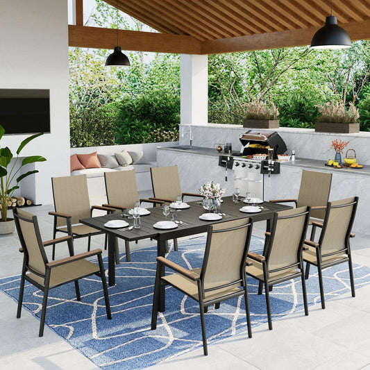 MAISON ARTS 8-Person Outdoor Patio Dining Set with 8 Stackable Beige Aluminum Armchairs & 1 Black Expandable Metal Steel Table