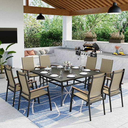 MAISON ARTS 8-people Outdoor Patio Dining Set with 8 Stackable Beige Aluminum Armchairs & 1 Black Metal Steel Square Table with Umbrella Hole