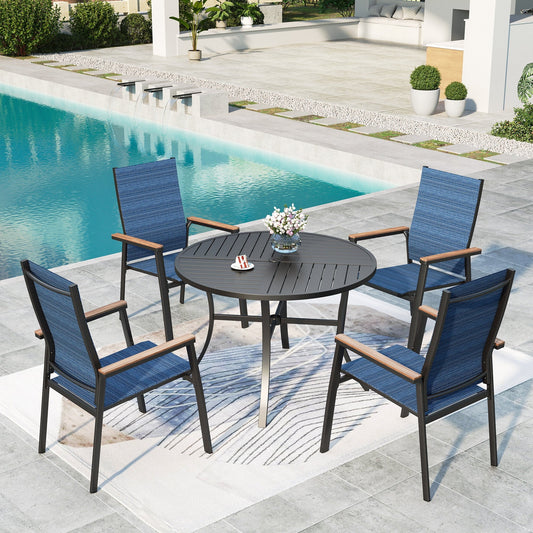 MAISON ARTS 4-seat Outdoor Patio Dining Set with 4 Pieces Blue Aluminum Armchairs & 1 Piece Metal Steel Round Table, Black & Blue