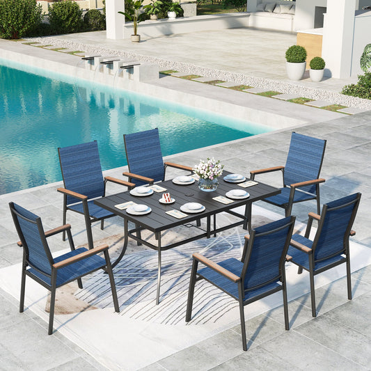 MAISON ARTS 6-seat Outdoor Patio Dining Set with 6 Stackable Blue Aluminum Armchairs & 1 Black Metal Steel Rectangular Table with Umbrella Hole