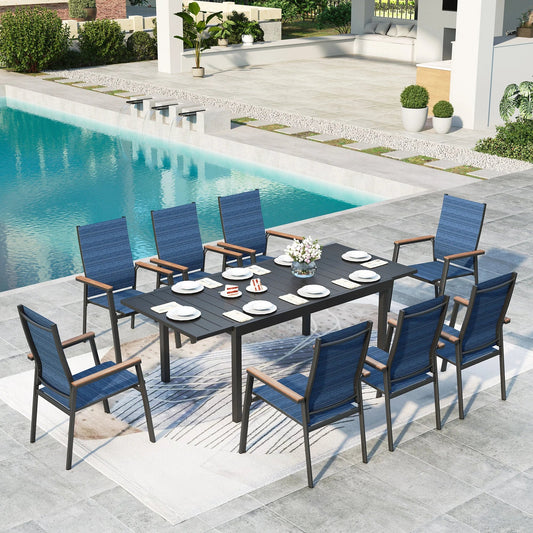 MAISON ARTS 8-seat Outdoor Patio Dining Set with 8 Stackable Blue Aluminum Armchairs & 1 Black Expandable Metal Steel Table