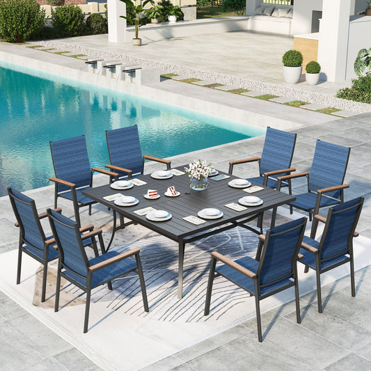 MAISON ARTS 8-seat Outdoor Patio Dining Set with 8 Stackable Blue Aluminum Armchairs & 1 Black Metal Steel Square Table with Umbrella Hole