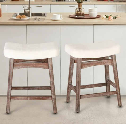 MAISON ARTS 2 Pieces 24 inch Wooden Saddle Bar Stools for Kitchen, Linen Backless Counter Height Stool, White