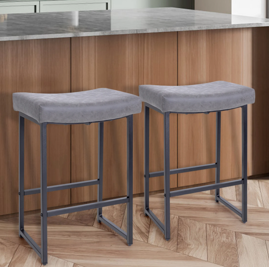 MAISON ARTS 2 Pieces 24 inch Counter Stools, Saddle Backless Faux Leather Bar Stools for Kitchen, Gray