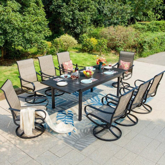 MAISON ARTS Patio Outdoor Dining Set with Extendable Table and High-Back Swivel Chairs for 8, Black & Gray