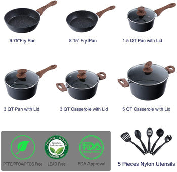 Kitchen Academy 100% PFOA Free 15 Piece Nonstick Granite-Coated Cookware Set