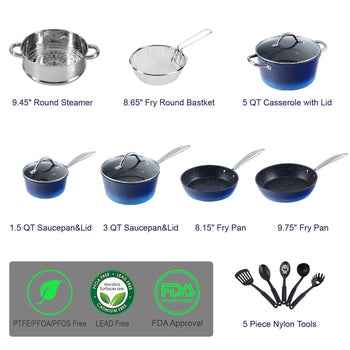 Kitchen Academy 100% PFOA Free 15 Piece Nonstick Granite-Coated Cookware Set