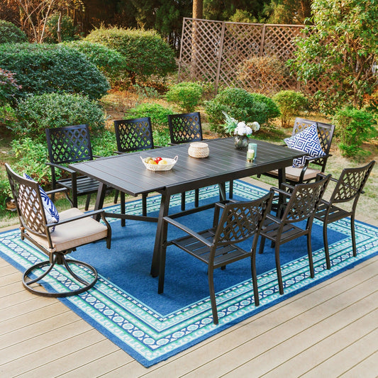 MAISON ARTS 9-Piece Outdoor Dining Set with Expandable Table & Swivel Cushioned Chairs for 8-Person, Black & Beige