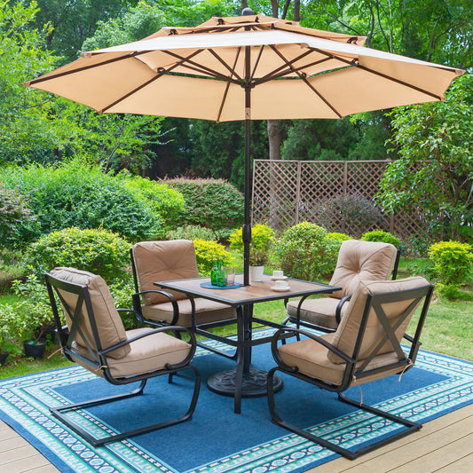 MAISON ARTS 6-Piece Outdoor Patio Set with 10 ft Umbrella, C-Spring Rocking Chairs & Faux Wood Table, Black & Beige