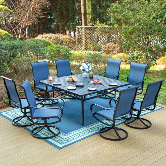 MAISON ARTS 8-Person Outdoor Patio Dining Set with 8 PCS Swivel Armchairs & 1 PC Large Square Table, Black & Blue