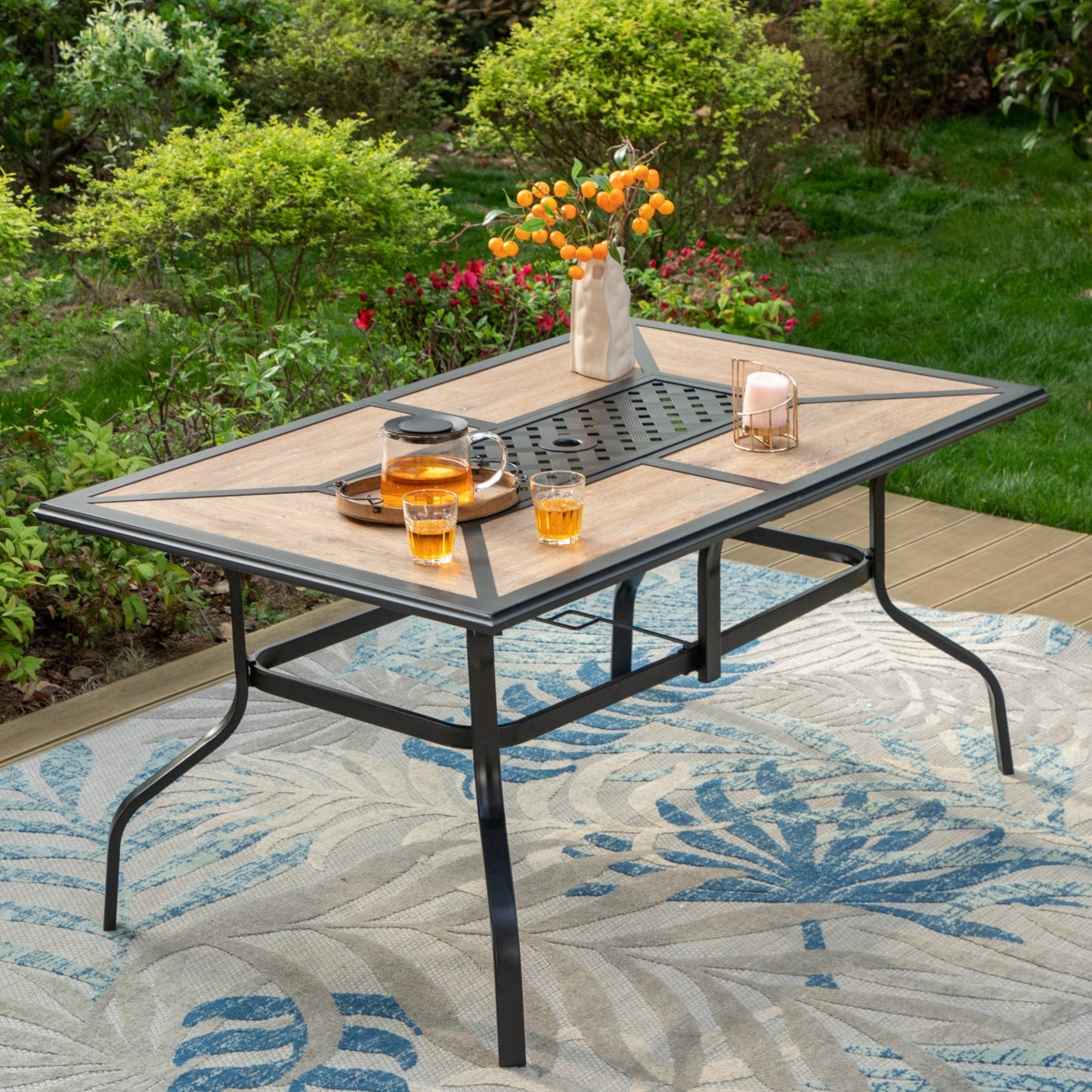 MAISON ARTS Rectangle Patio Dining Table with Faux Wood Top & Umbrella Hole for 6-Person, Black