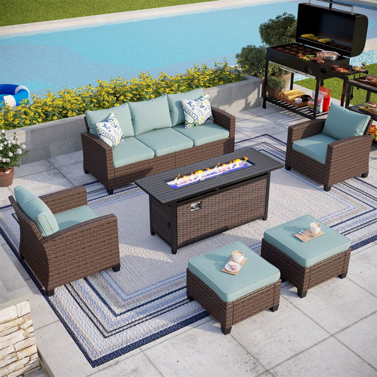 MAISON ARTS 7 Seater Outdoor Patio Furniture Sofa Set with Fire Pit Table Wicker Patio Sofa Conversation Set Blue