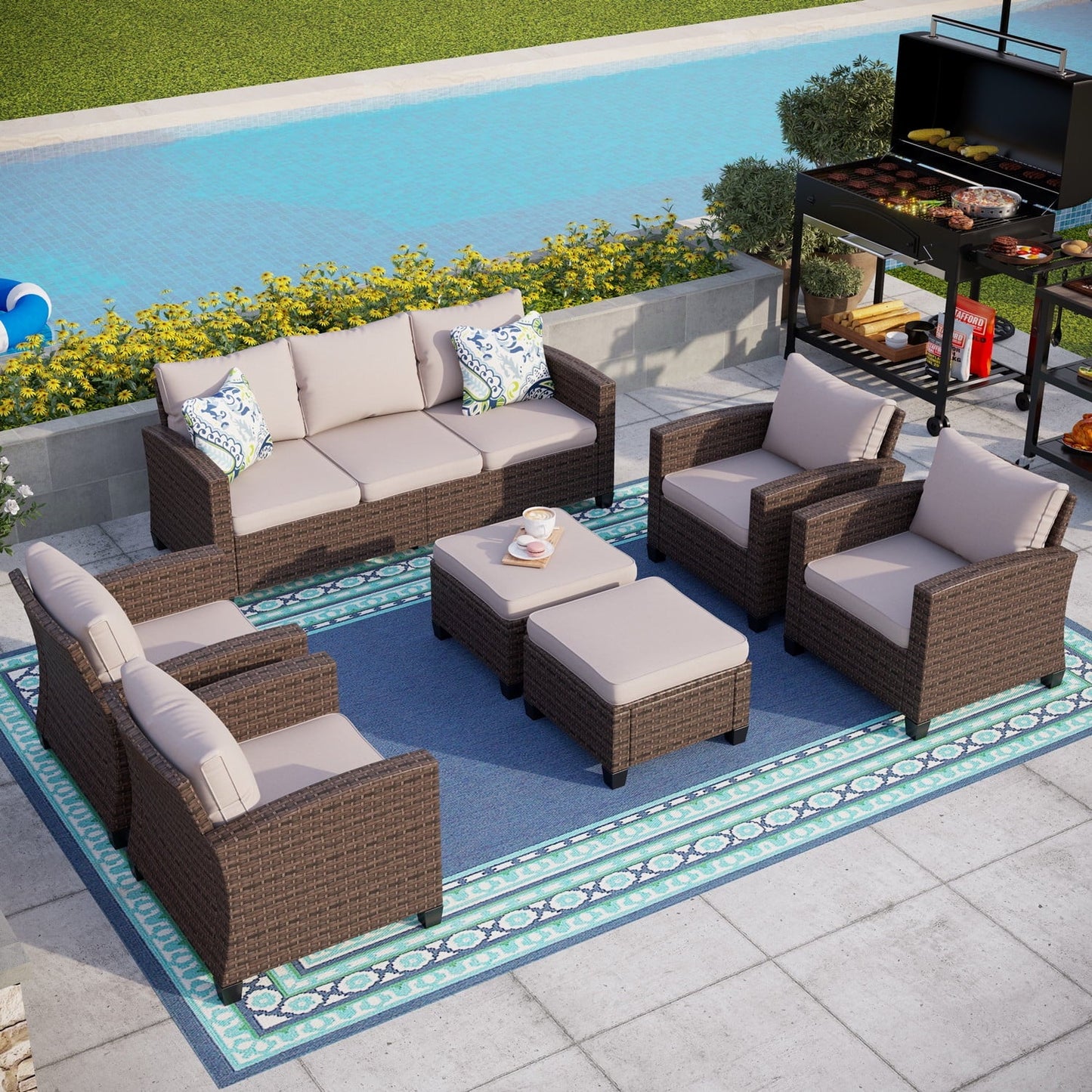 MAISON ARTS 9 Seat Outdoor Sectional Patio Conversation Sofa Set Wicker Furniture Sofa Set Beige