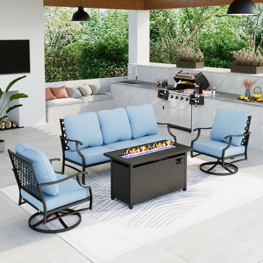 MAISON ARTS 4 Pieces Patio Conversation Sectional Set with 45 inch Gas Fire Pit Table, Outdoor Furniture Metal Sofa Set with Beige Cushions for 5 Person