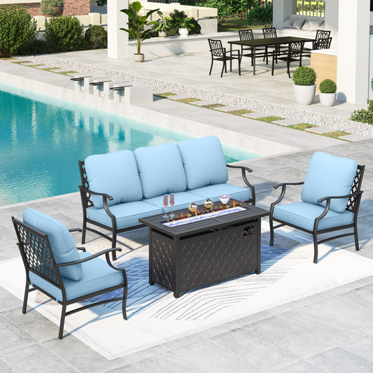 MAISON ARTS 4 Pieces Patio Sectional Conversation Set with 45 inch Gas Fire Pit Table Outdoor Furniture Metal Sofa Set with Beige Cushions for 5 Person