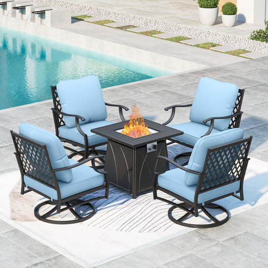 MAISON ARTS 5 Pcs Outdoor Patio Conversation Set with 28 inch Fire Pit Table Patio Furniture Metal Sectional Sofa with Beige Cushions for 4 People