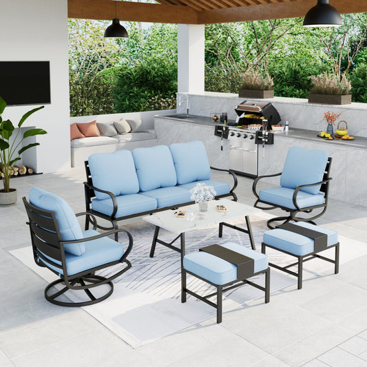 MAISON ARTS 6 Pcs Outdoor Sectional Conversation Set for 7 People Steel Patio Furniture Sectional Sofa Set with Blue Cushion