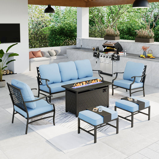 MAISON ARTS 6 Pieces Outdoor Patio Conversation Set with 45" Rectangle Fire Pit Outdoor Furniture Metal Sofa, Beige Cushions