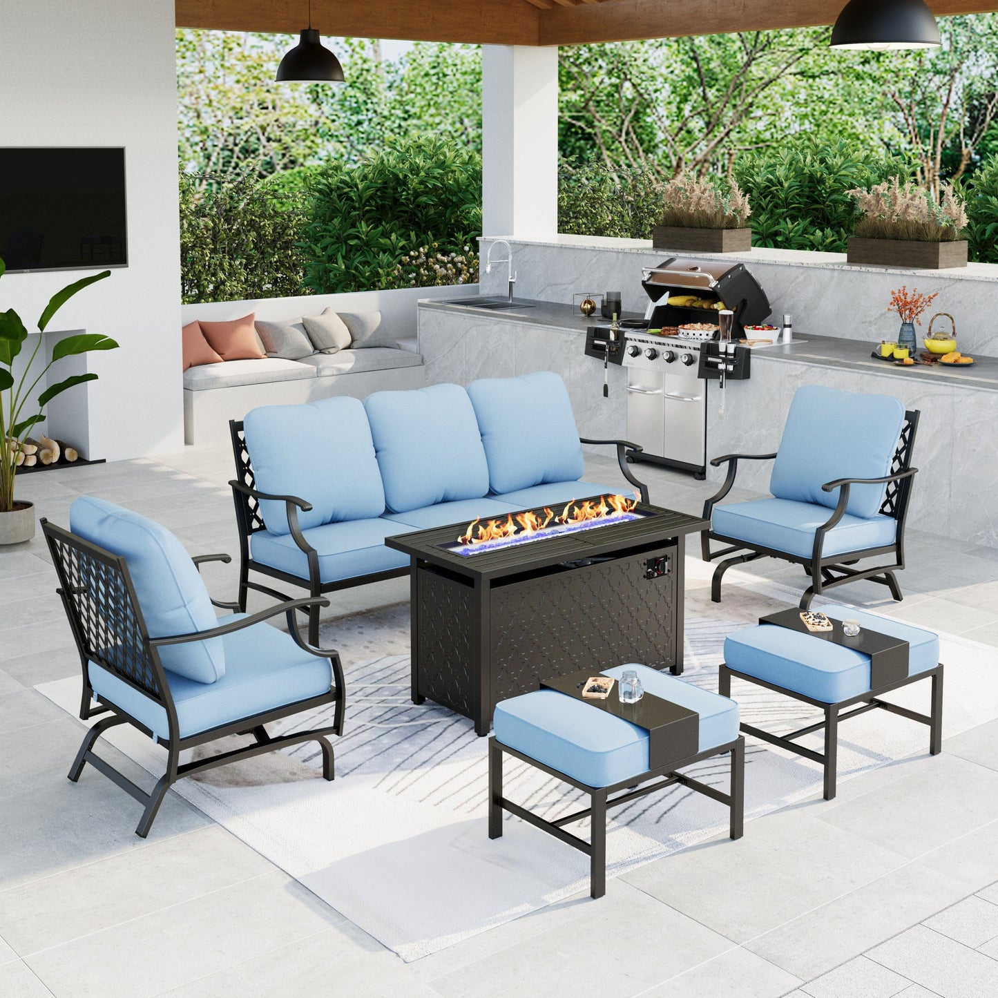 MAISON ARTS 6 Pieces Patio Conversation Sectional Set with 45" Rectangle Fire Pit Outdoor Furniture Metal Sofa, Beige Cushions