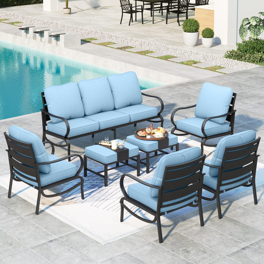 MAISON ARTS 7 Pcs Outdoor Sectional Conversation Set Patio Metal Furniture Sofa Set for 9 Person with Blue Cushion