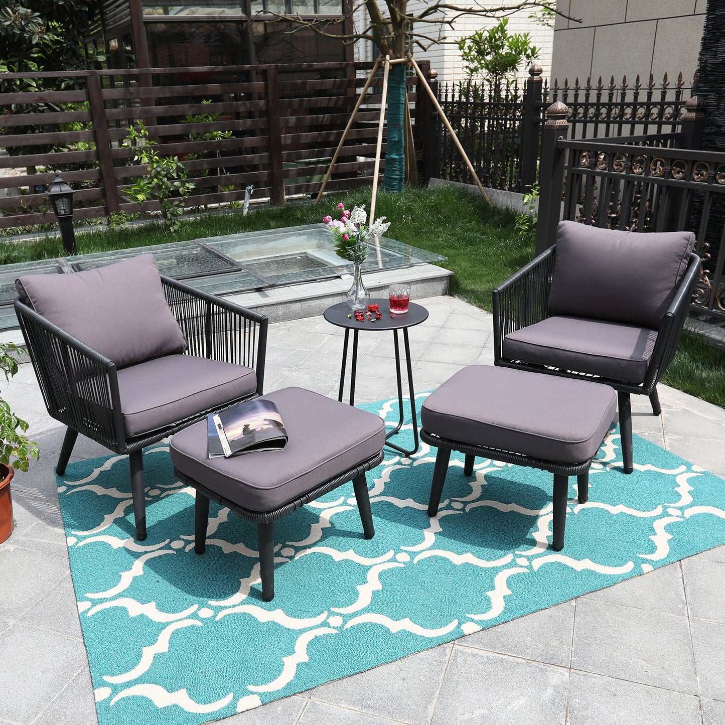 PHI VILLA 5 Piece Patio Furniture Set with Ottoman