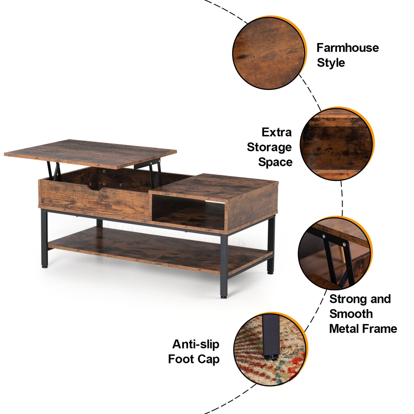 PHI VILLA Lift Top Coffee Table with Storage and Hidden Compartment for Home and Office