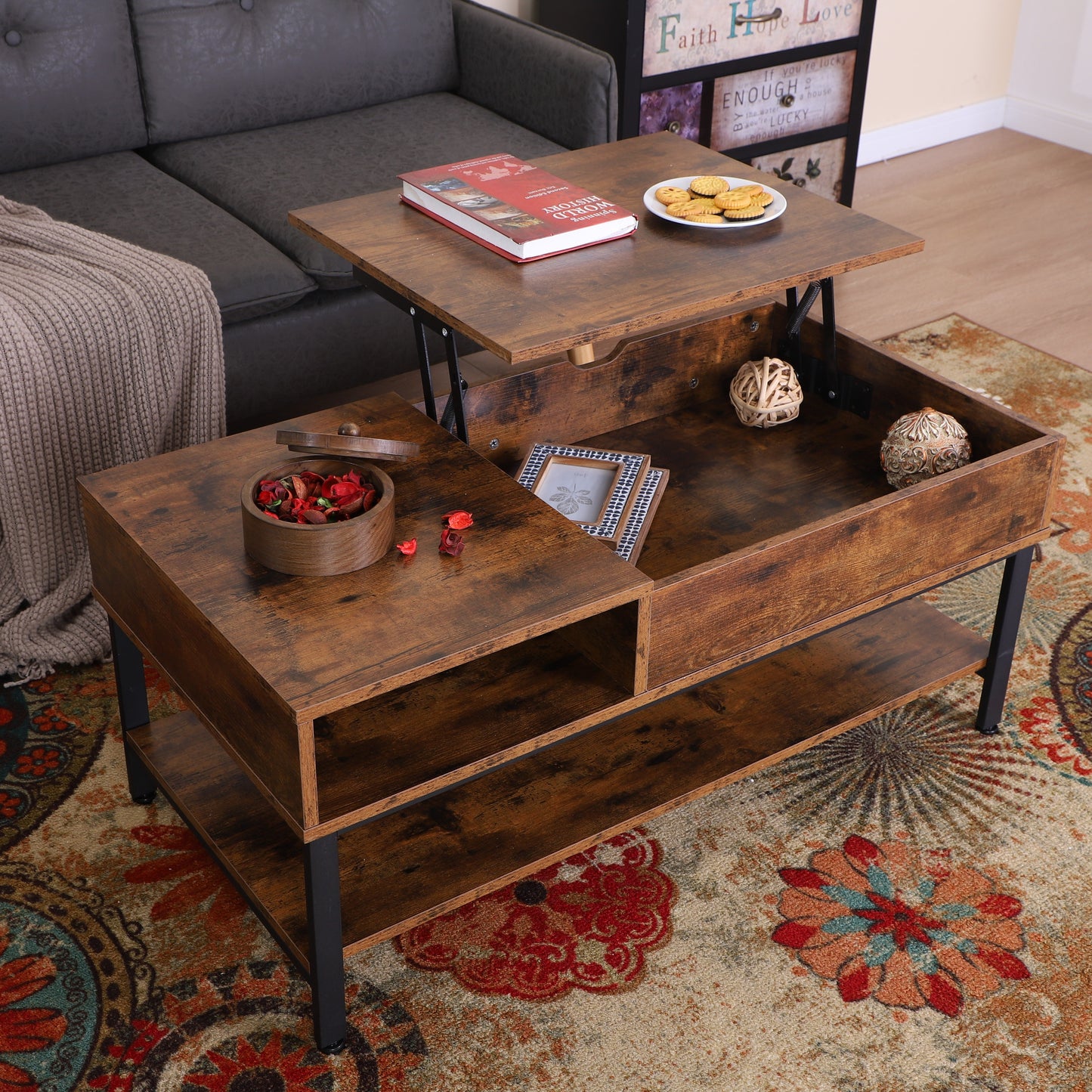 PHI VILLA Lift Top Coffee Table with Storage and Hidden Compartment for Home and Office