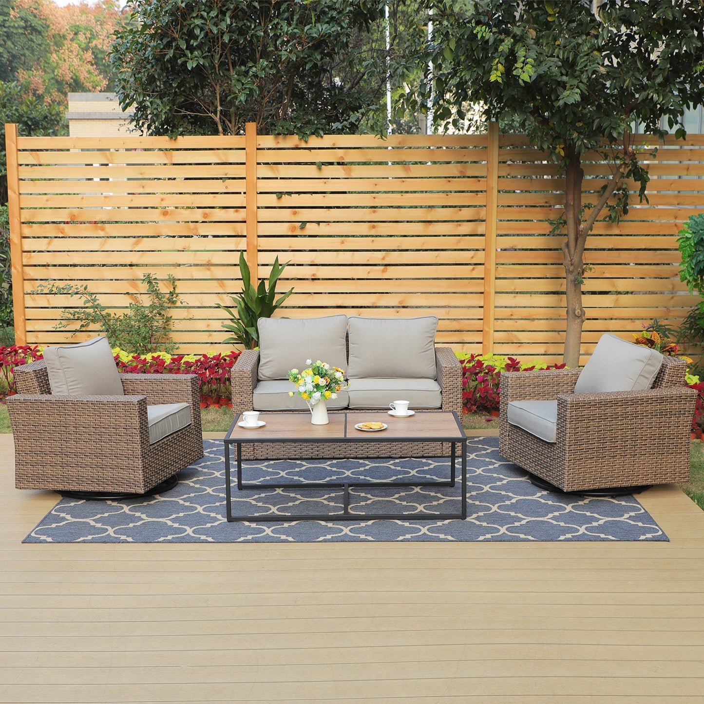 MFSTUDIO Outdoor Patio Rattan Sectional Sofa Conversation Set