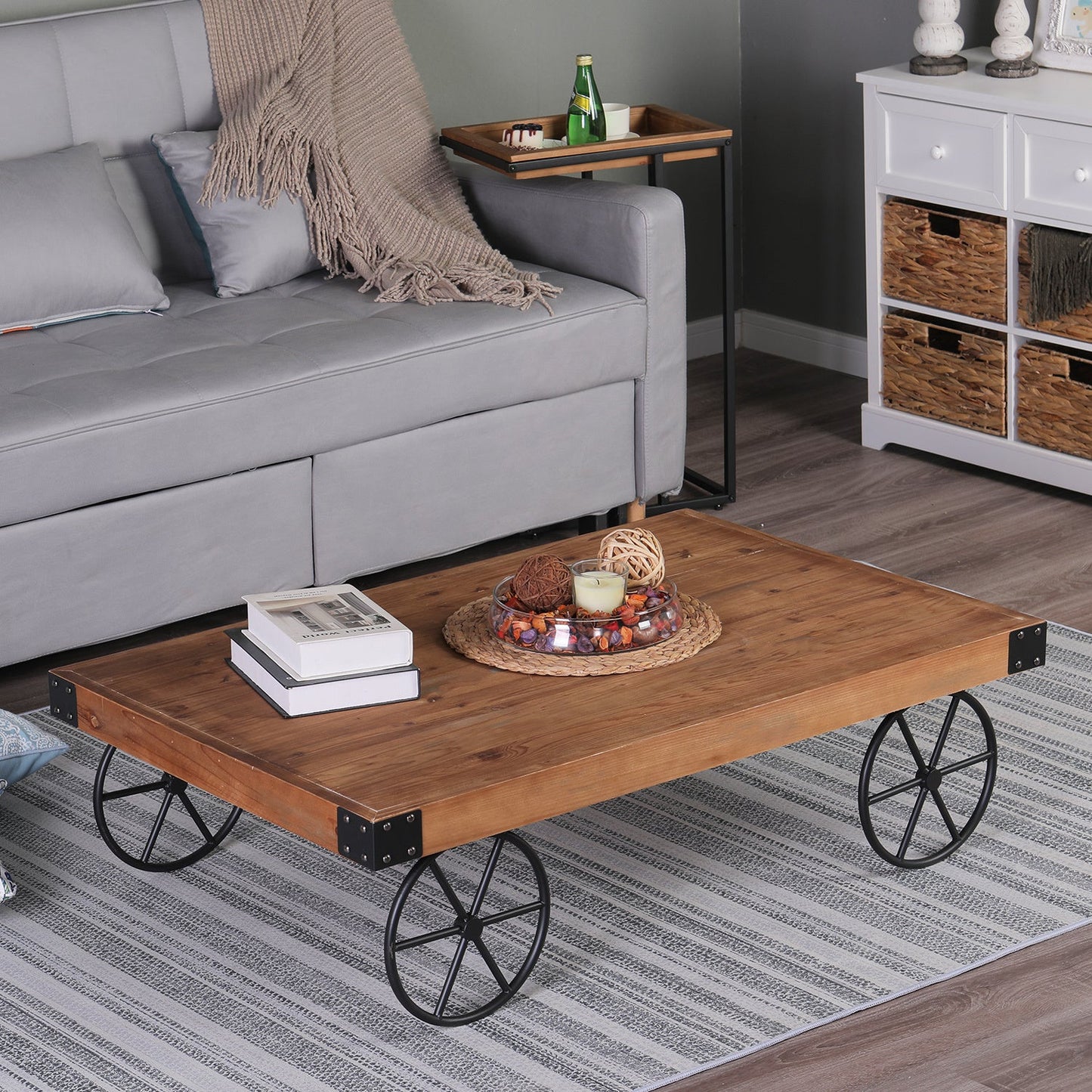 MFSTUDIO Rustic Coffee Table with Metal Wheels for Living Room Bed Room