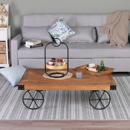 MFSTUDIO Rustic Coffee Table with Metal Wheels for Living Room Bed Room