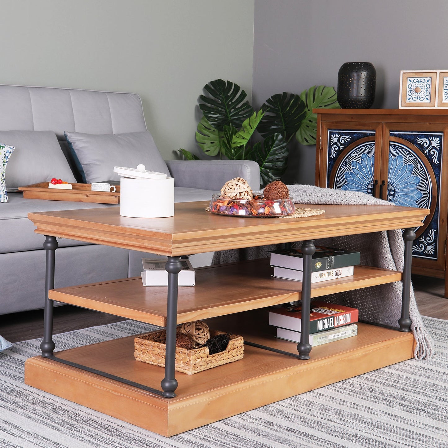 PHI VILLA Farmhouse 2-Tier Coffee Table with Metal Frame